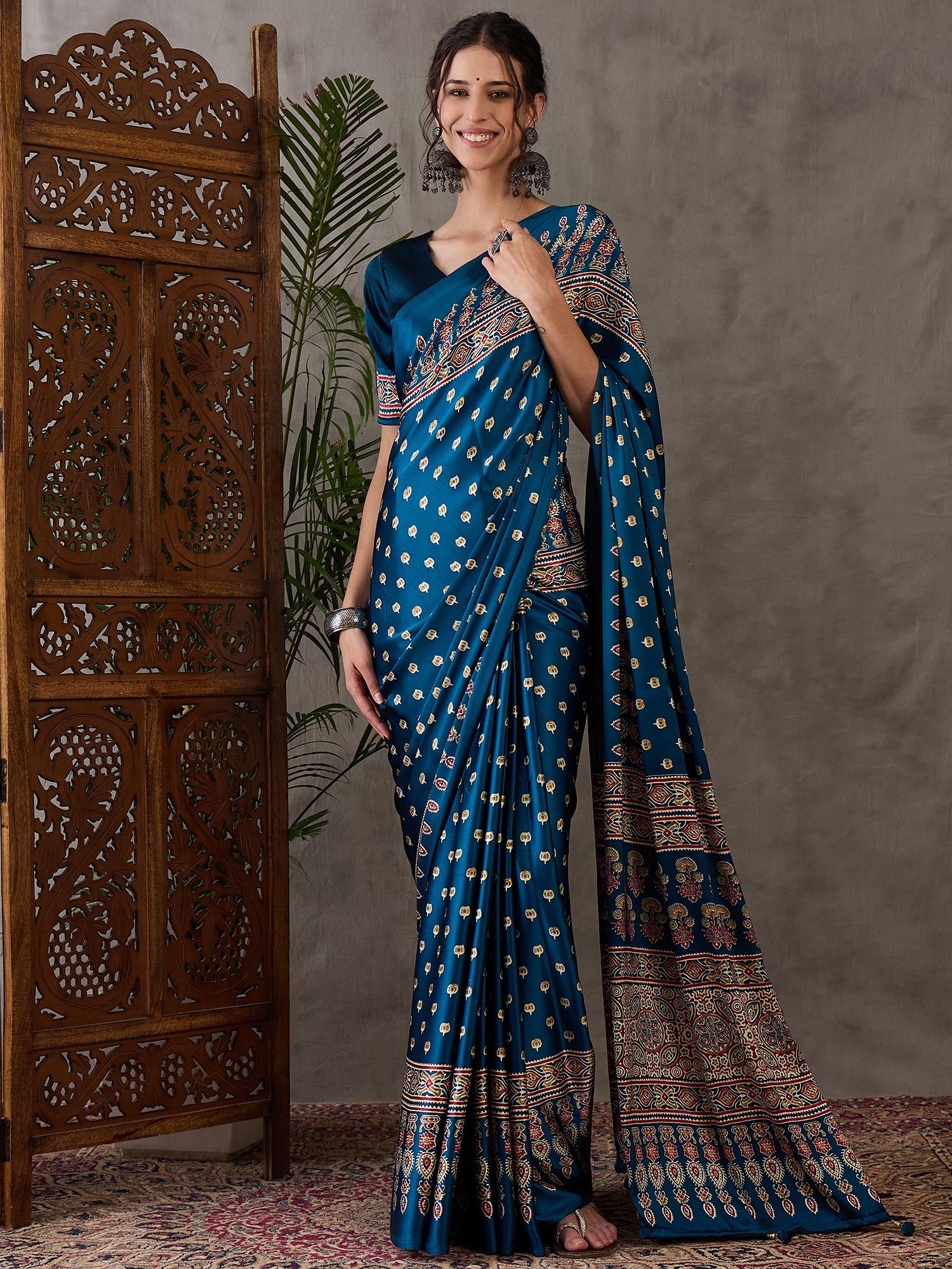 Ajrakh Printed Silk Saree - Blue