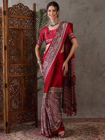 Ajrakh Printed Silk Saree - Red