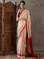 Ajrakh Printed Silk Saree - Cream and Red