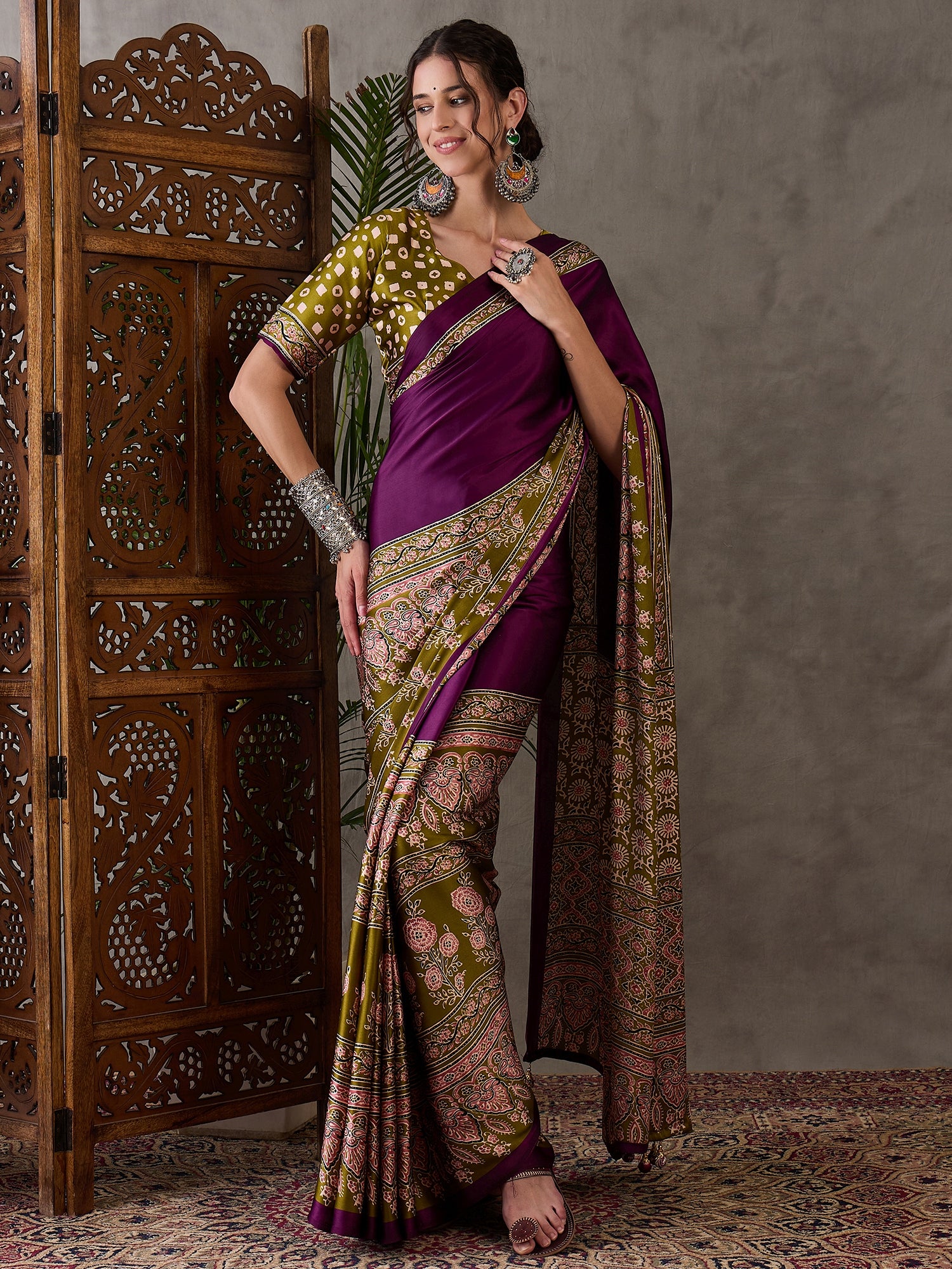 Ajrakh Printed Silk Saree - Olive Green and Purple