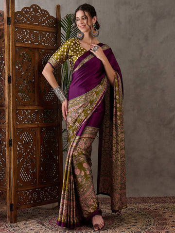 Ajrakh Printed Silk Saree - Olive Green and Purple