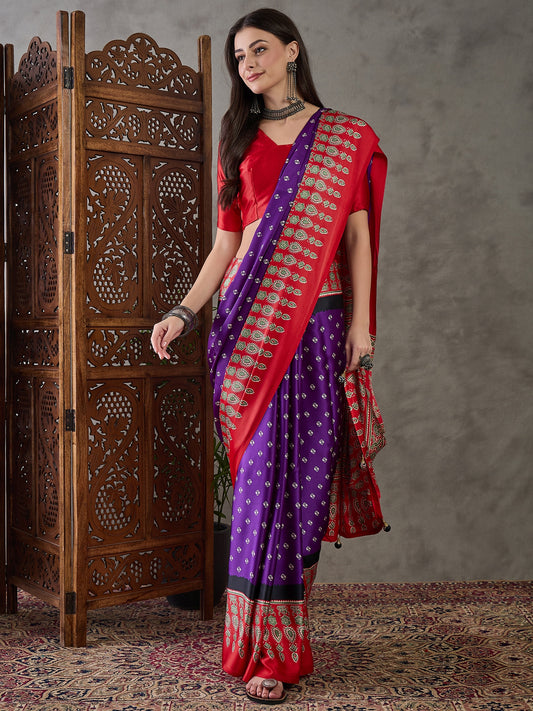 Ajrakh Printed Silk Saree - Violet and Red