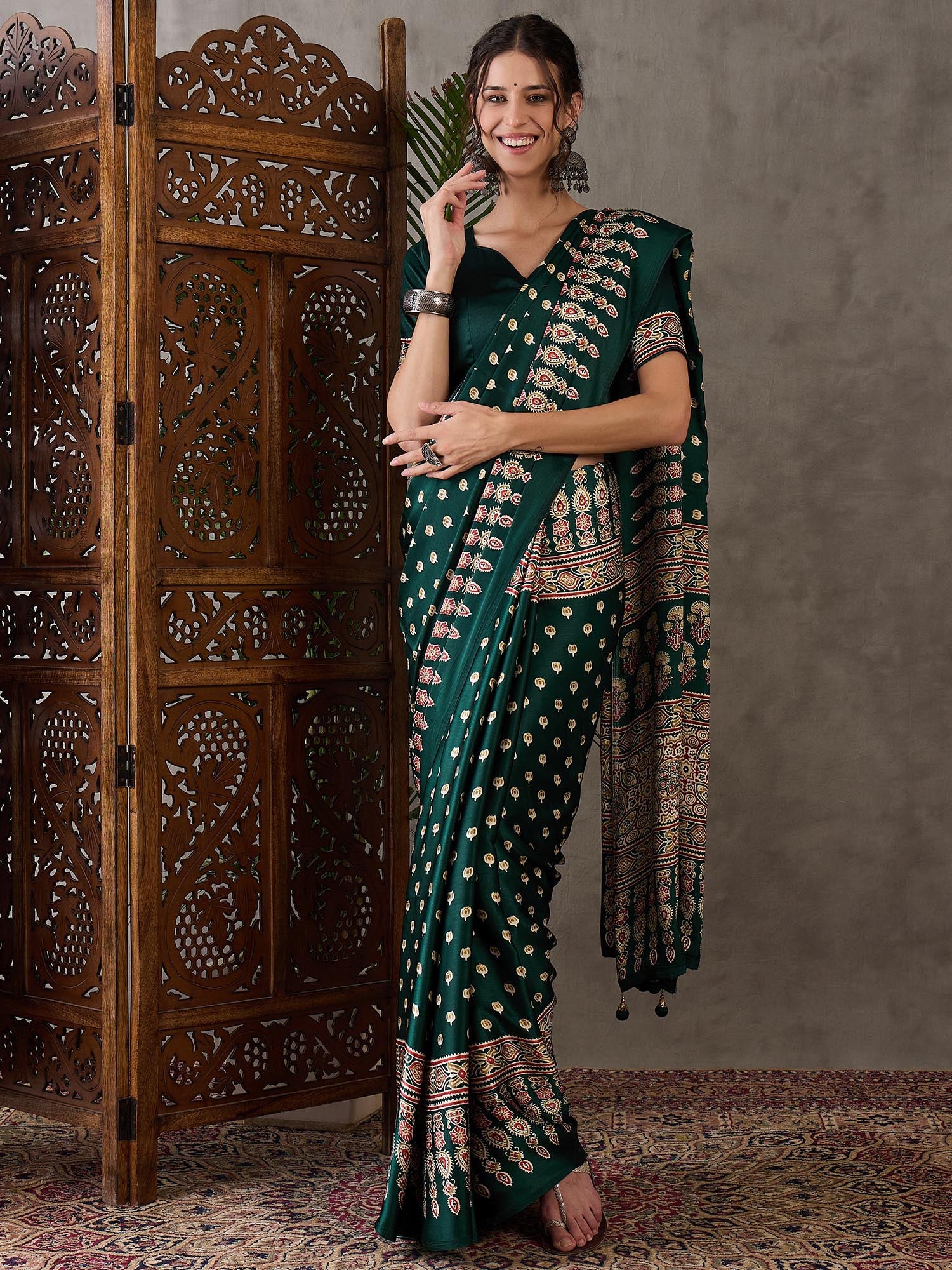 Ajrakh Printed Silk Saree - Green