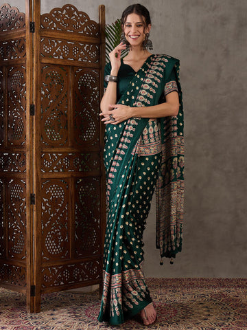 Ajrakh Printed Silk Saree - Green