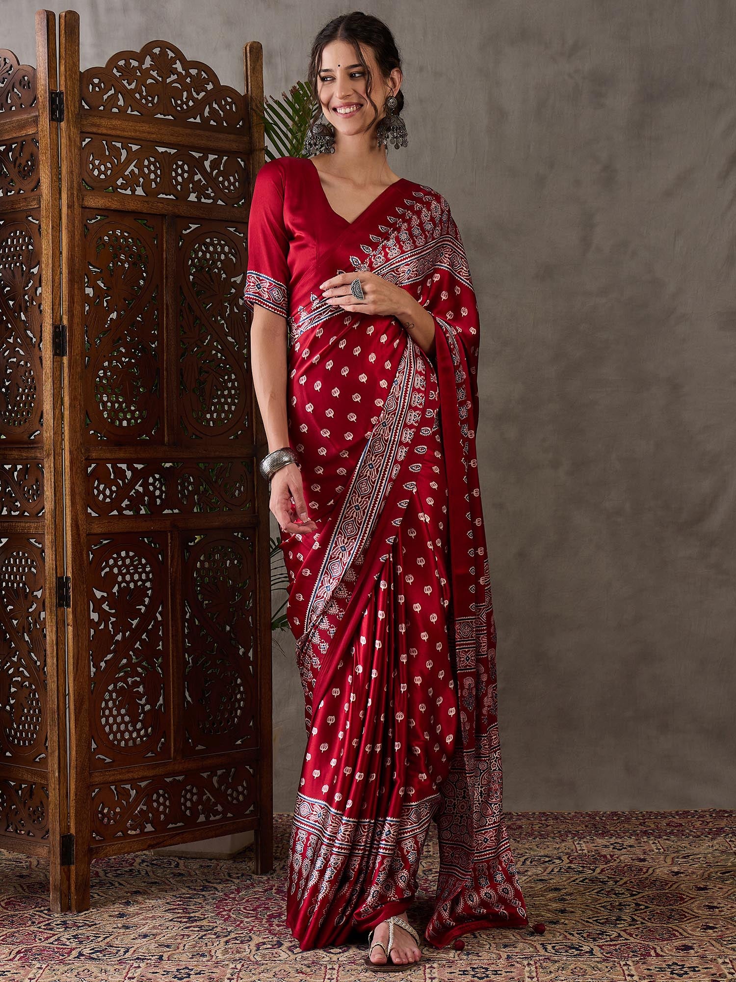 Ajrakh Printed Silk Saree - Red