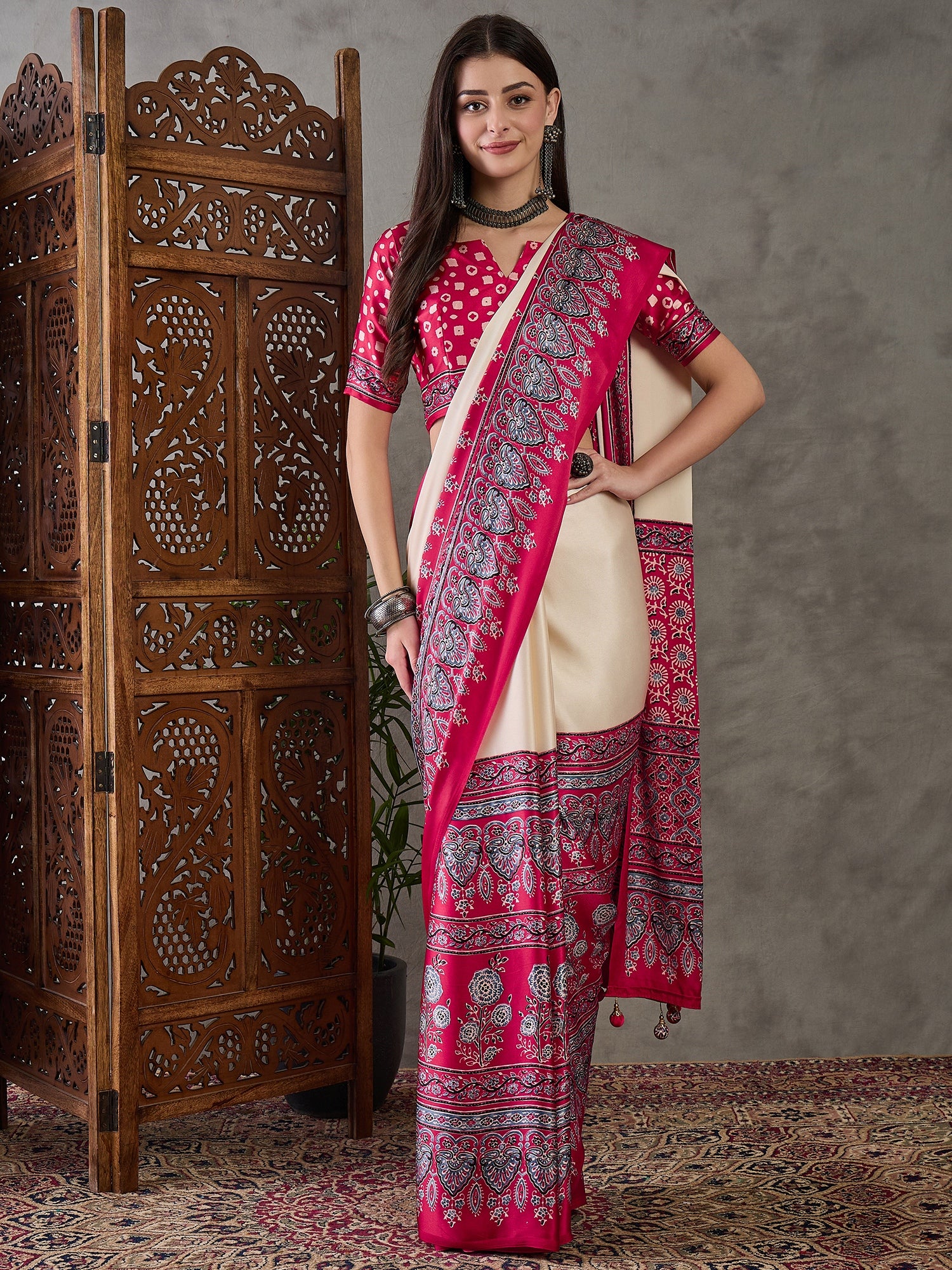 Ajrakh Printed Silk Saree - Red and Cream