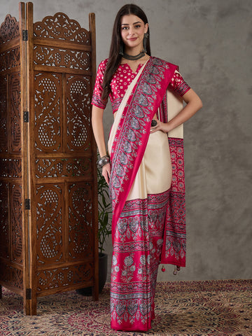 Ajrakh Printed Silk Saree - Red and Cream