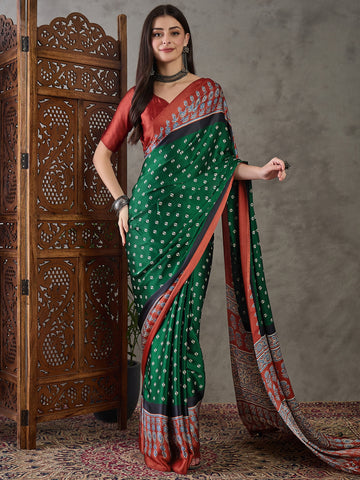 Ajrakh Printed Silk Saree - Green and Red