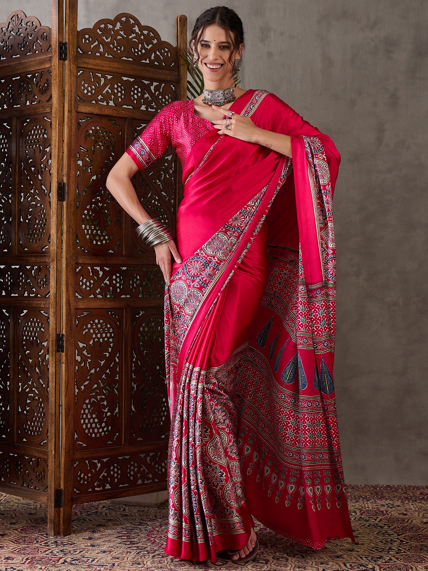 Ajrakh Printed Silk Saree - Rani Pink