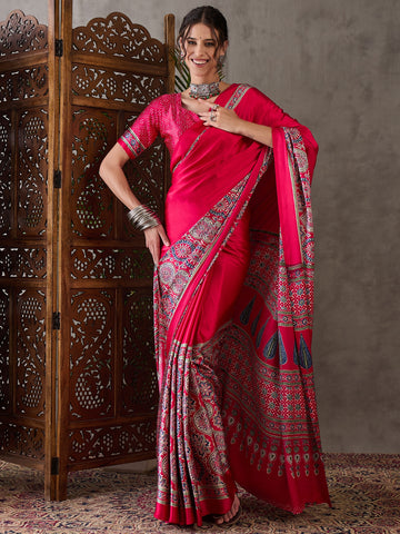 Ajrakh Printed Silk Saree - Rani Pink