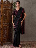 Ajrakh Printed Silk Saree - Black