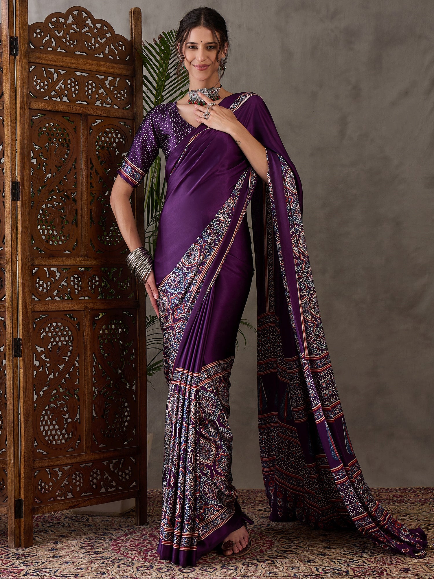 Ajrakh Printed Silk Saree - Purple