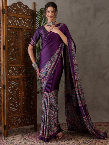 Ajrakh Printed Silk Saree - Purple