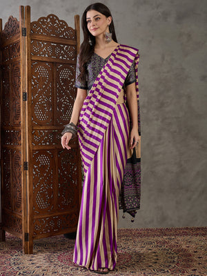 Ajrakh Printed Silk Saree - Purple