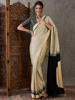 Ajrakh Printed Silk Saree - Cream and Black