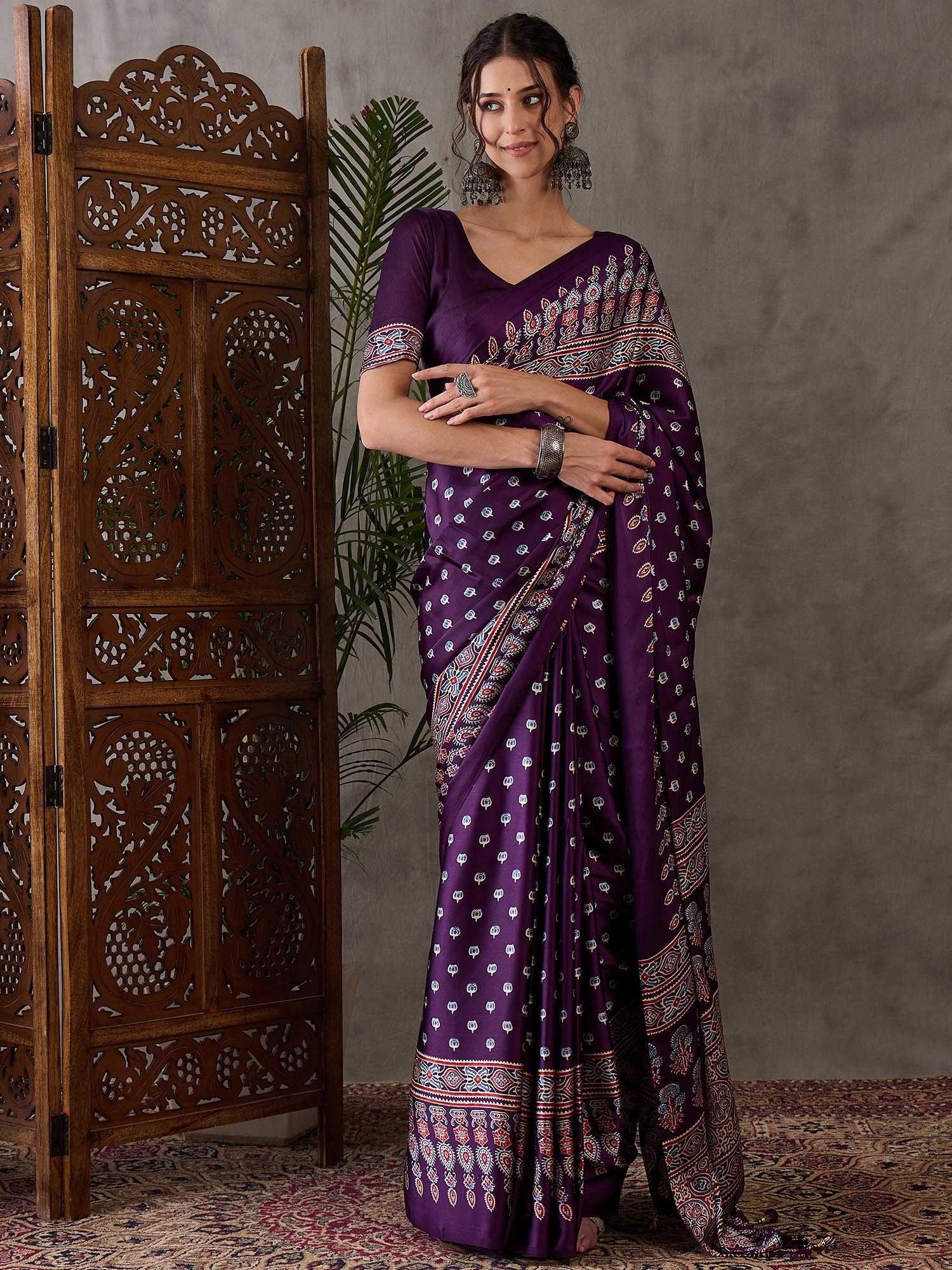 Ajrakh Printed Silk Saree - Purple
