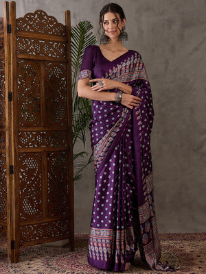 Ajrakh Printed Silk Saree - Purple