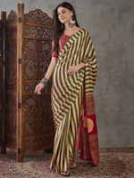 Ajrakh Printed Silk Saree - Olive Green
