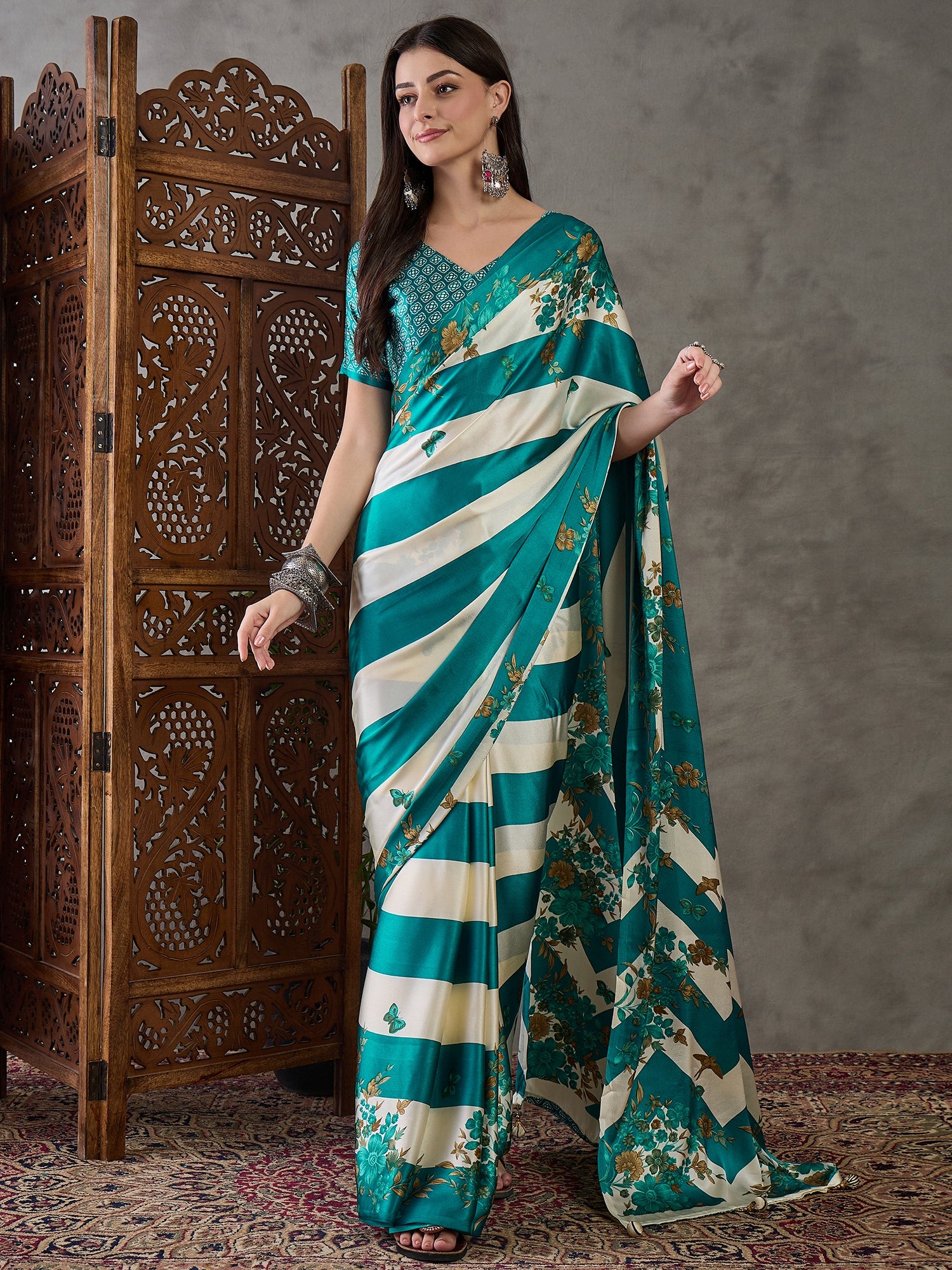 Ajrakh Printed Silk Saree - Sea Green and Cream