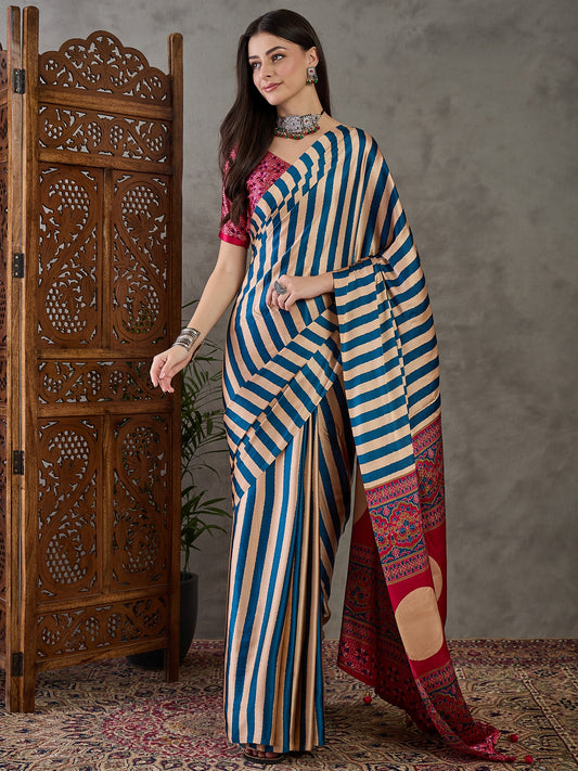 Ajrakh Printed Silk Saree - Blue