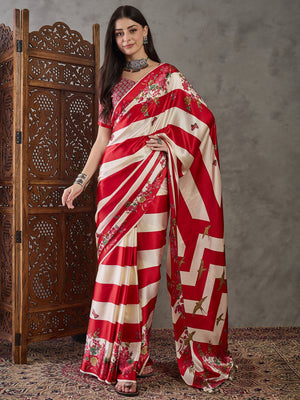 Ajrakh Printed Silk Saree - Red and Cream