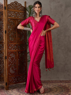 Ajrakh Printed Silk Saree - Rani Pink