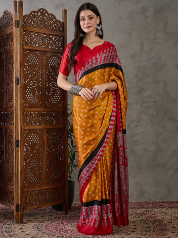 Ajrakh Printed Silk Saree - Mustard and Red