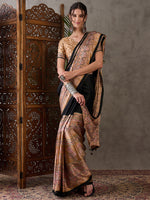 Ajrakh Printed Silk Saree - Beige and Black