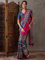 Ajrakh Printed Silk Saree - Blue and Pink