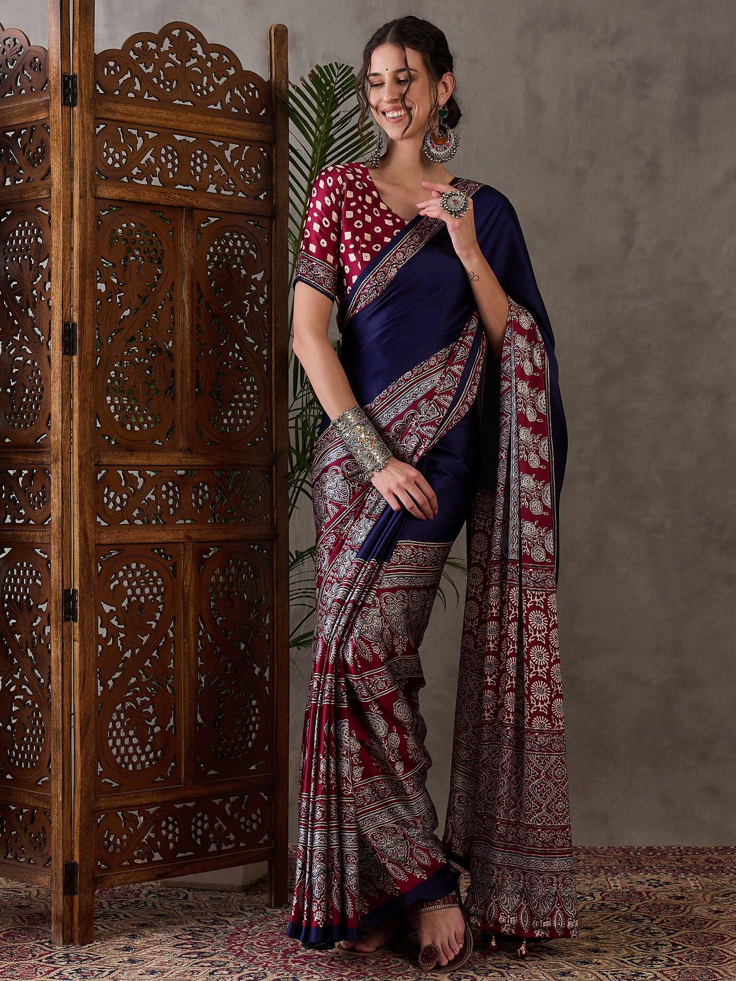 Ajrakh Printed Silk Saree - Maroon and Blue