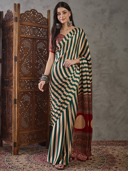Ajrakh Printed Silk Saree - Forest Green