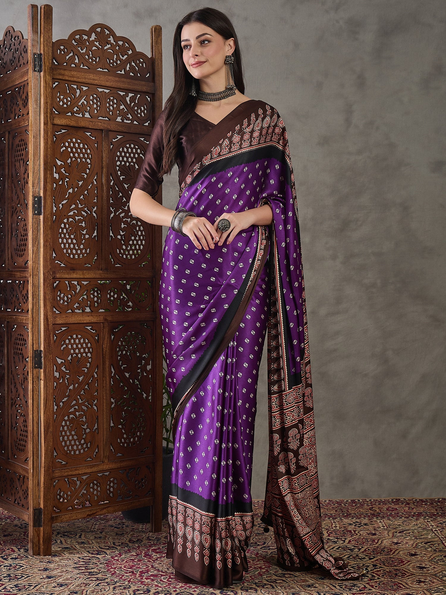 Ajrakh Printed Silk Saree - Purple and Brown