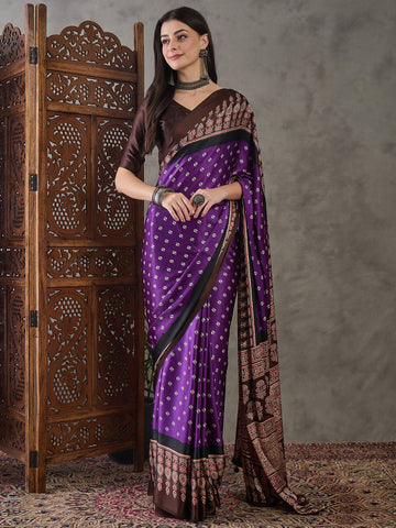 Ajrakh Printed Silk Saree - Purple and Brown