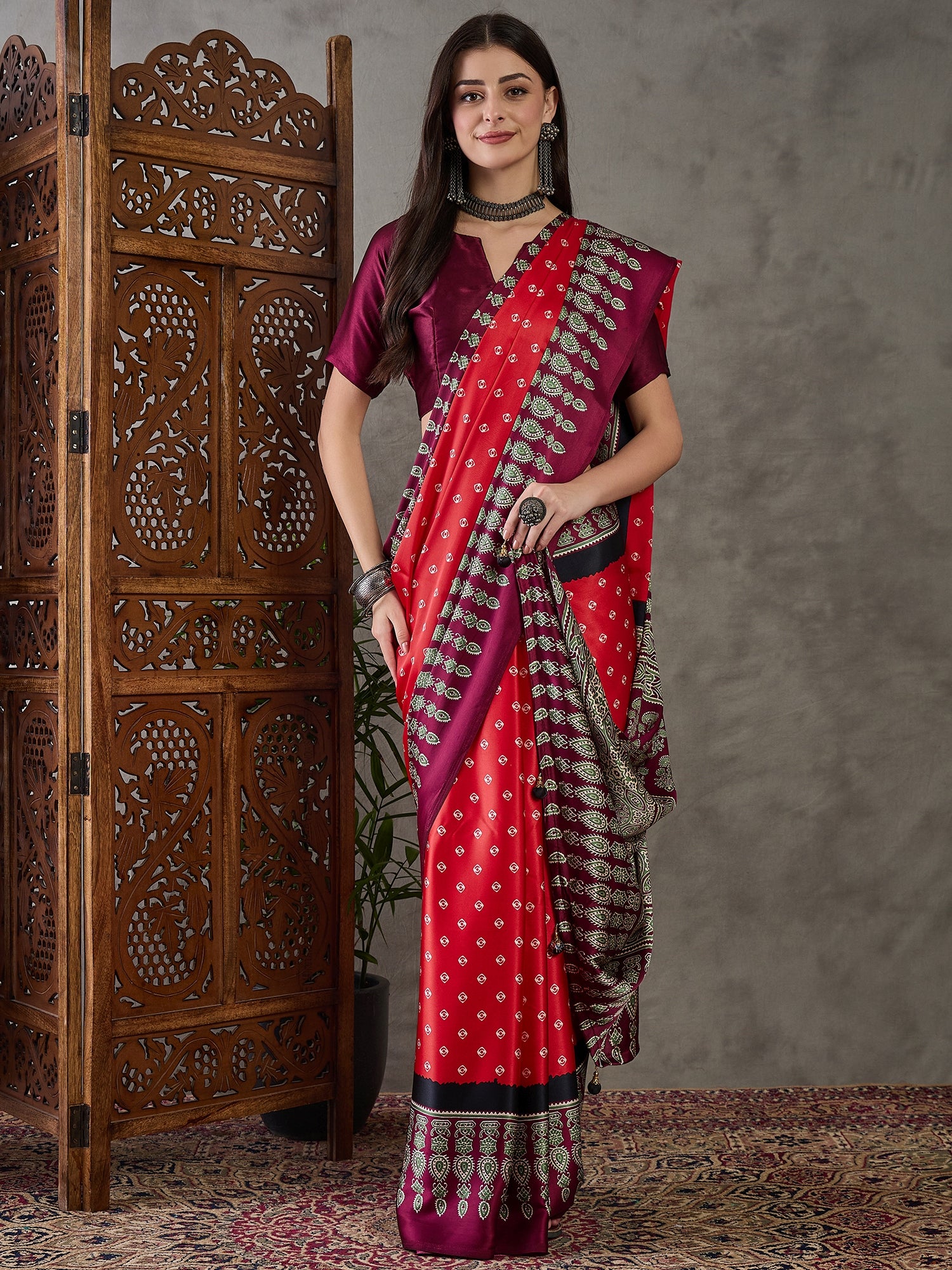 Ajrakh Printed Silk Saree - Red and Maroon