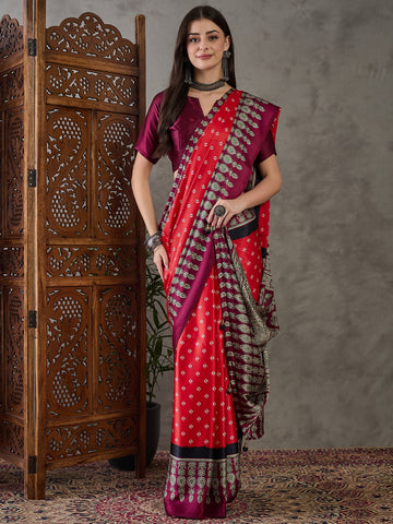 Ajrakh Printed Silk Saree - Red and Maroon