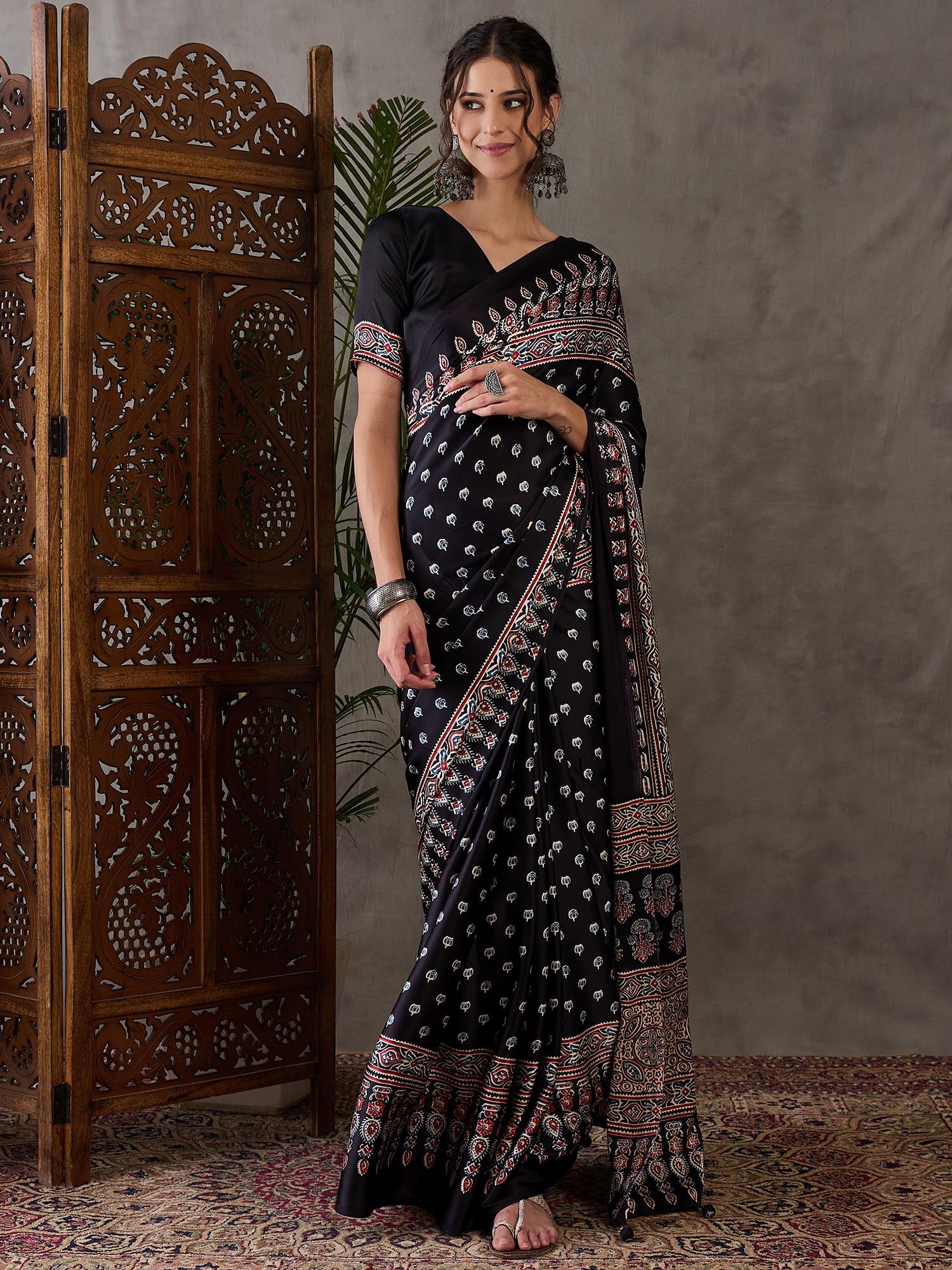 Ajrakh Printed Silk Saree - Black