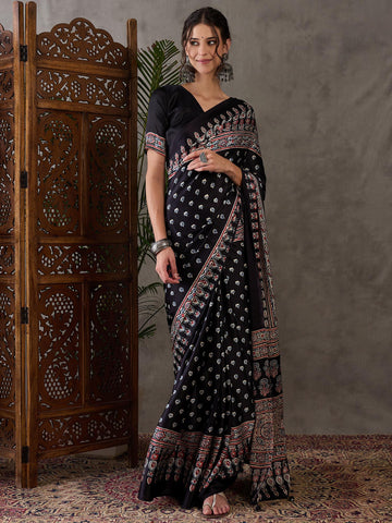 Ajrakh Printed Silk Saree - Black