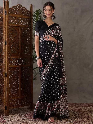 Ajrakh Printed Silk Saree - Black