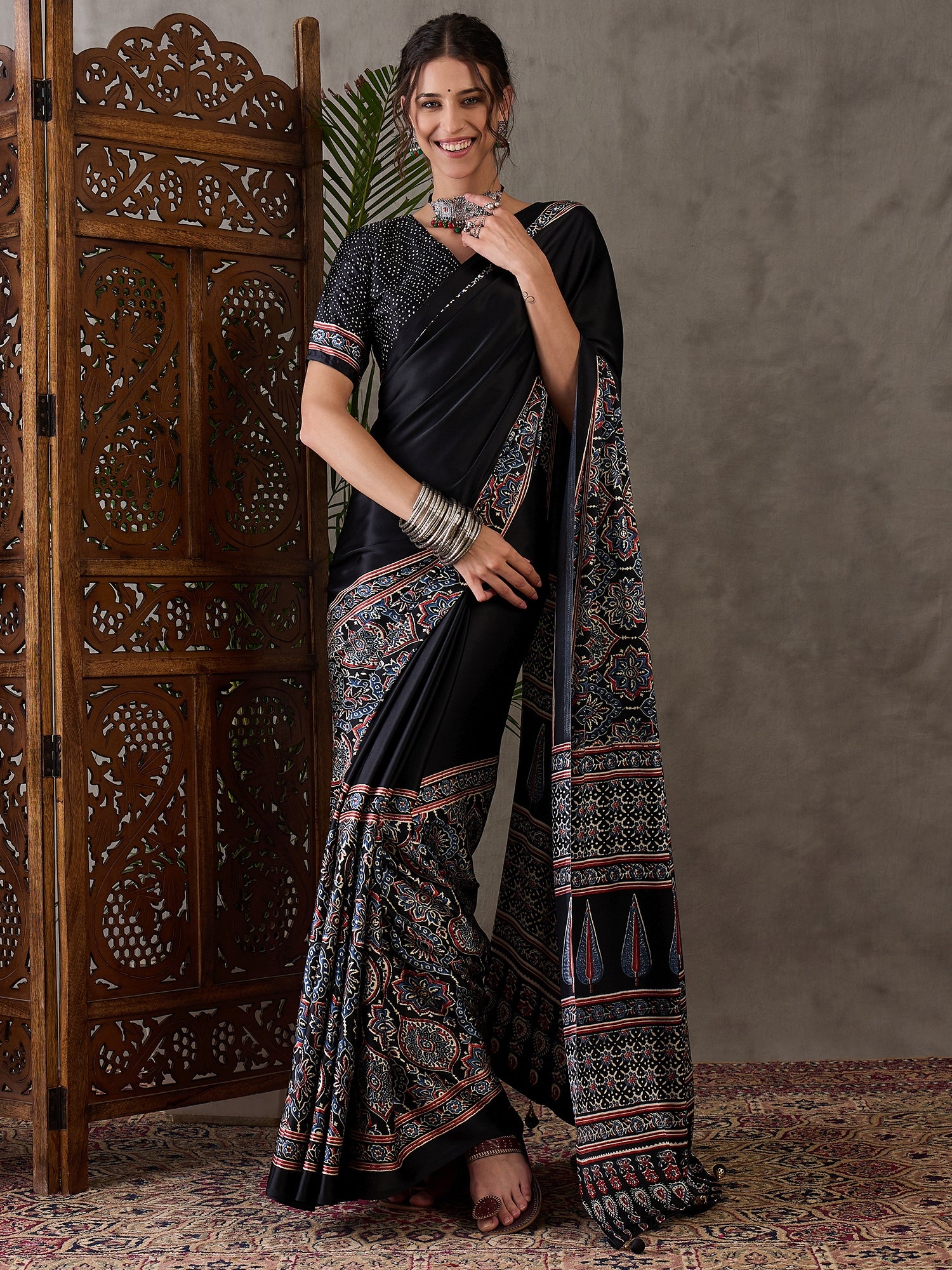 Ajrakh Printed Silk Saree - Black