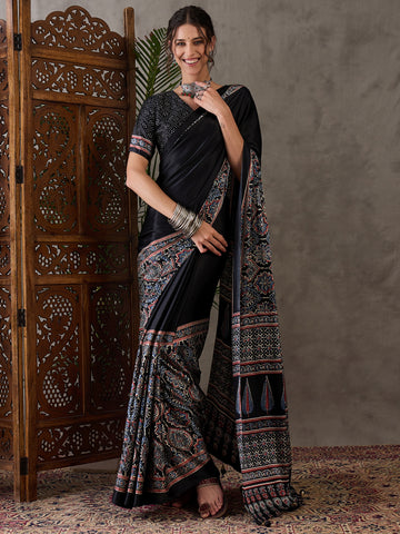 Ajrakh Printed Silk Saree - Black