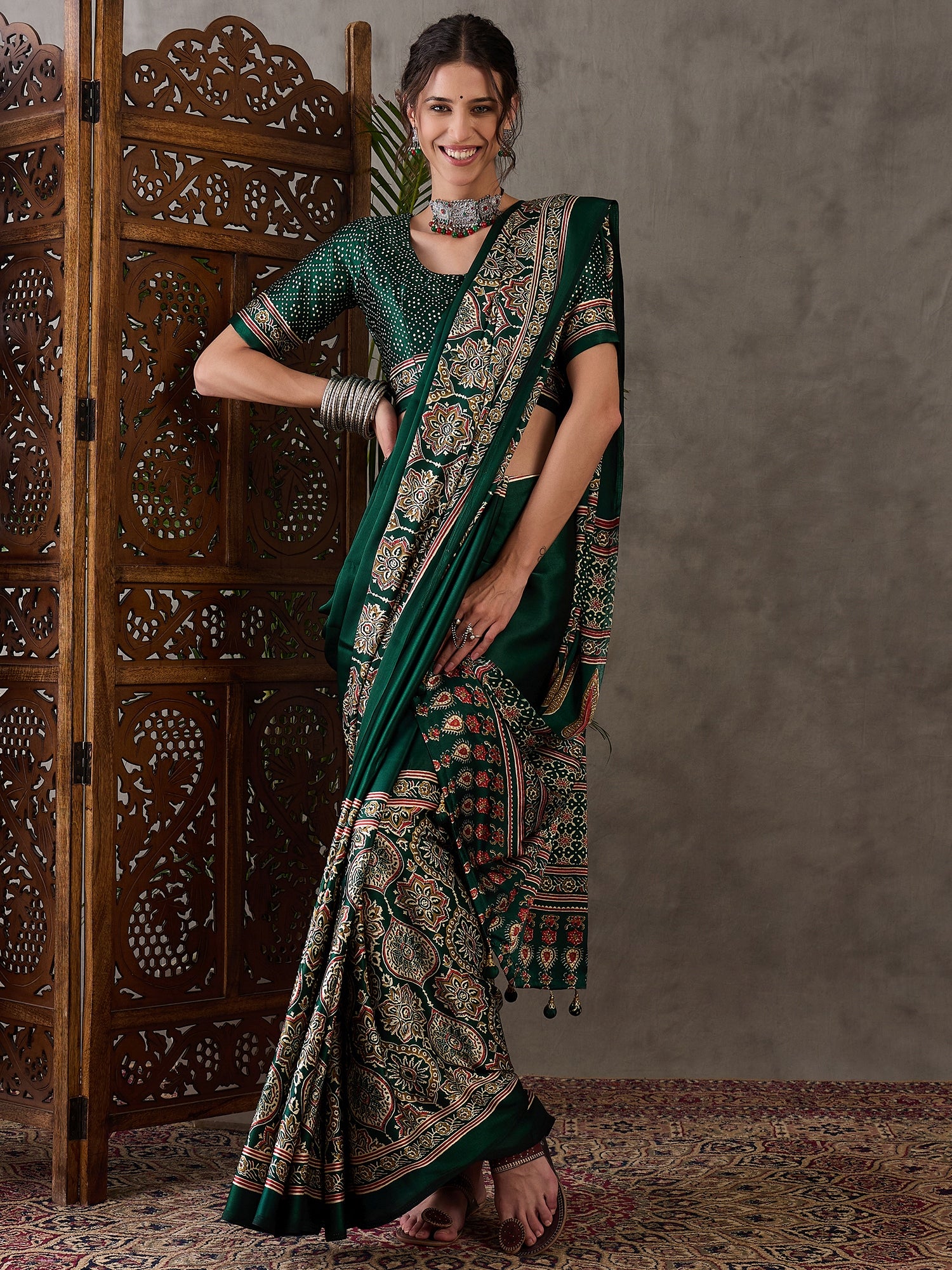Ajrakh Printed Silk Saree - Green