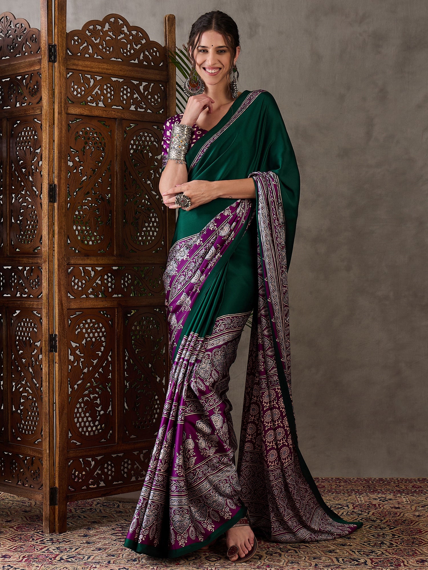 Ajrakh Printed Silk Saree - Purple and Green