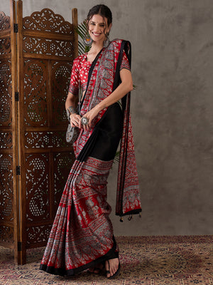 Ajrakh Printed Silk Saree - Deep Red and Black