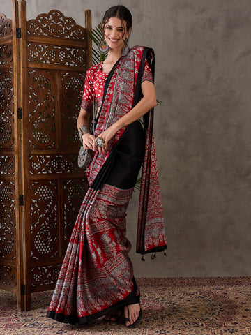 Ajrakh Printed Silk Saree - Deep Red and Black