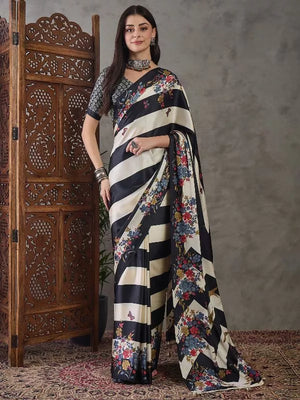 Ajrakh Printed Silk Saree - Black and Cream