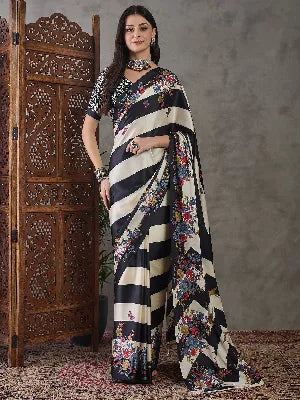 Ajrakh Printed Silk Saree - Black and Cream
