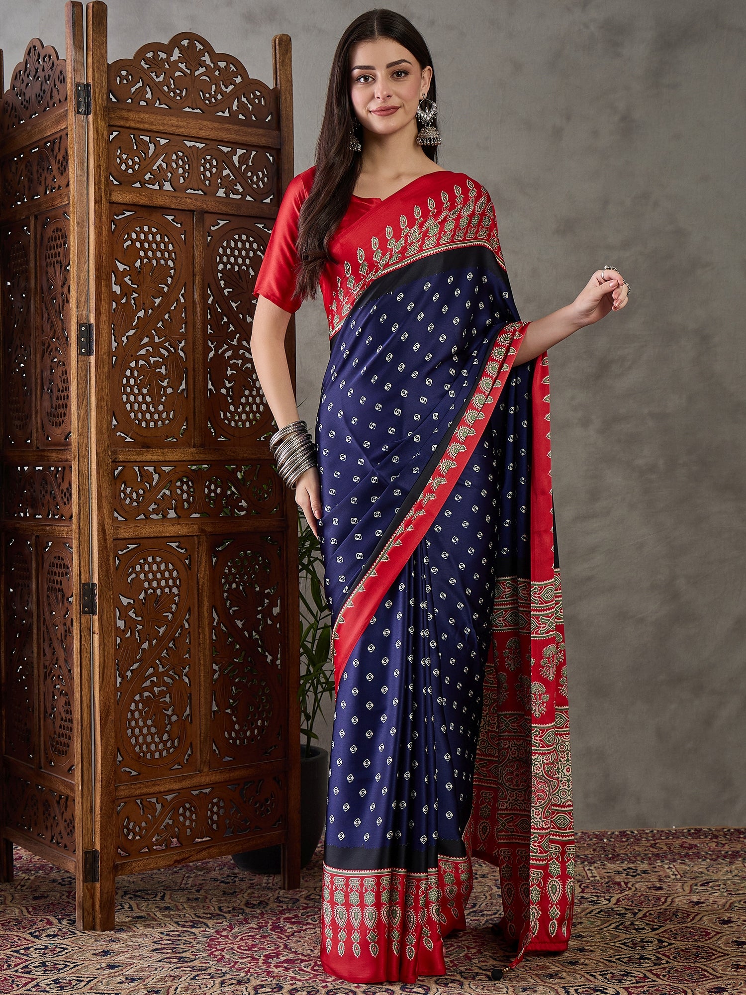 Ajrakh Printed Silk Saree - Blue and Red
