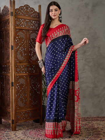Ajrakh Printed Silk Saree - Blue and Red