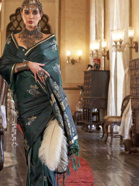 Majestic Pure Satin Handloom Weaving Silk Saree with Floral Motifs - Bottle Green
