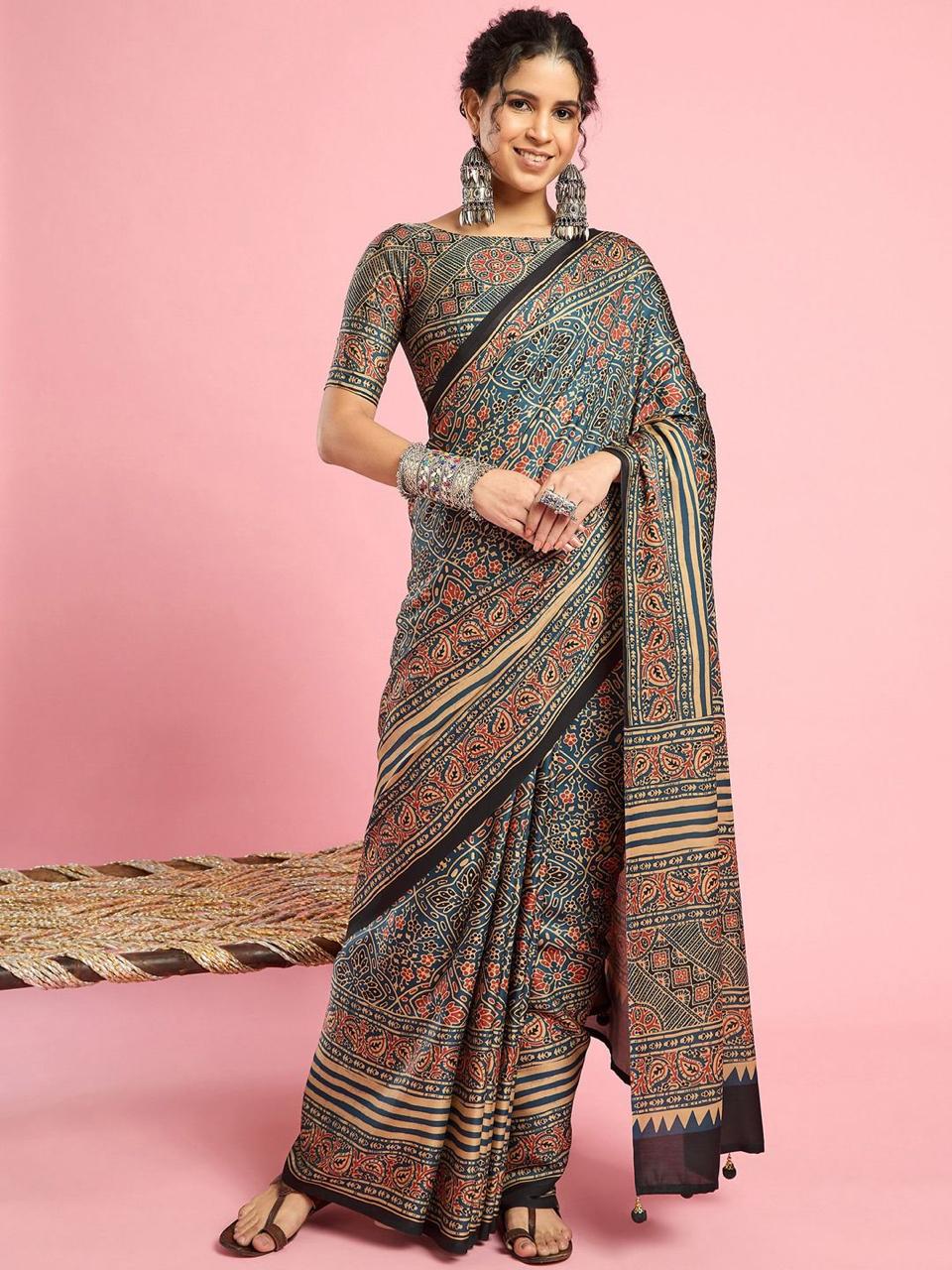 Everyday Ajrakh Printed Saree - Blue